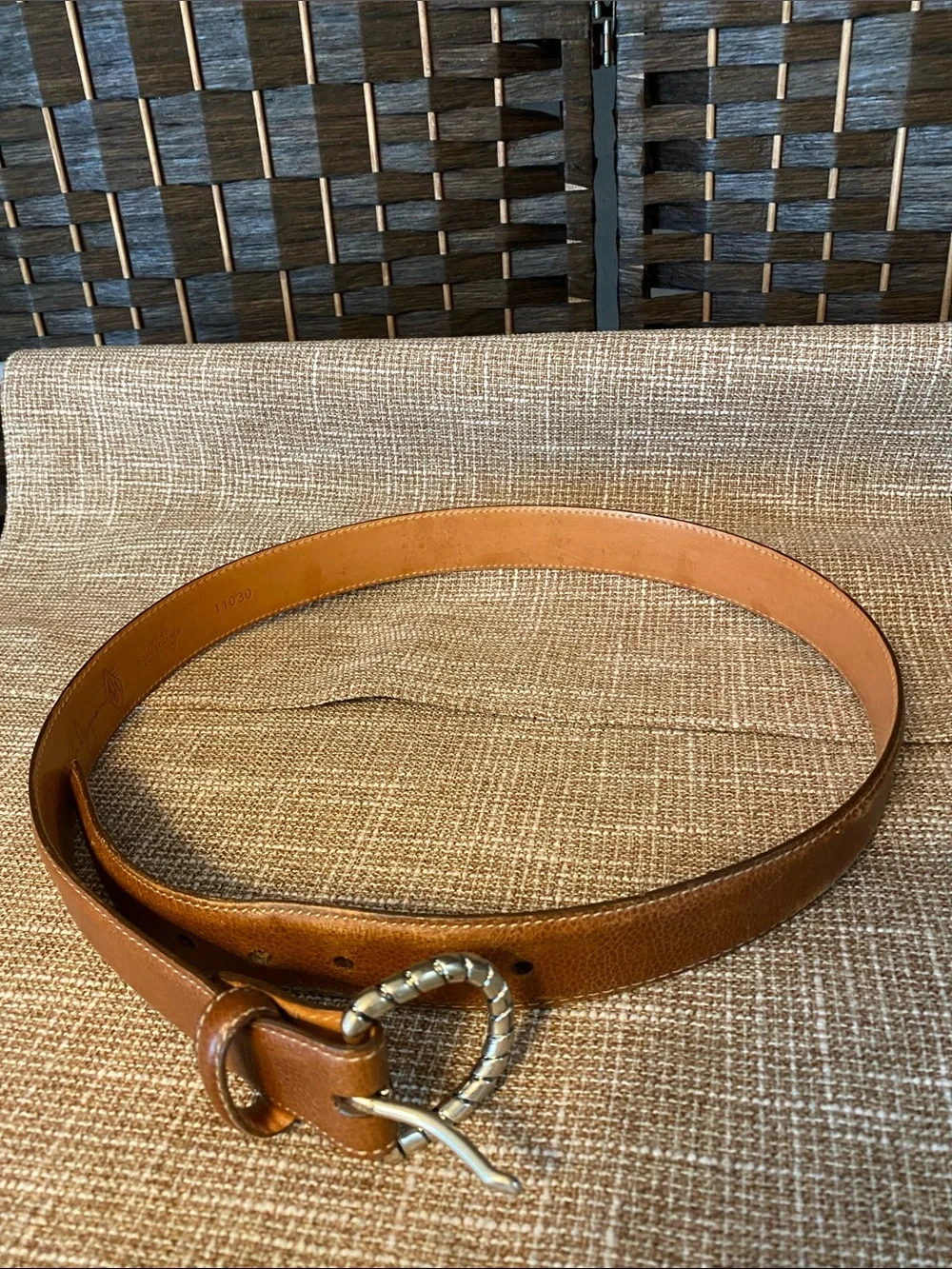 Martin Dingman Chestnut Brown Leather Belt with Textured Silver Buckle Men’s 34
